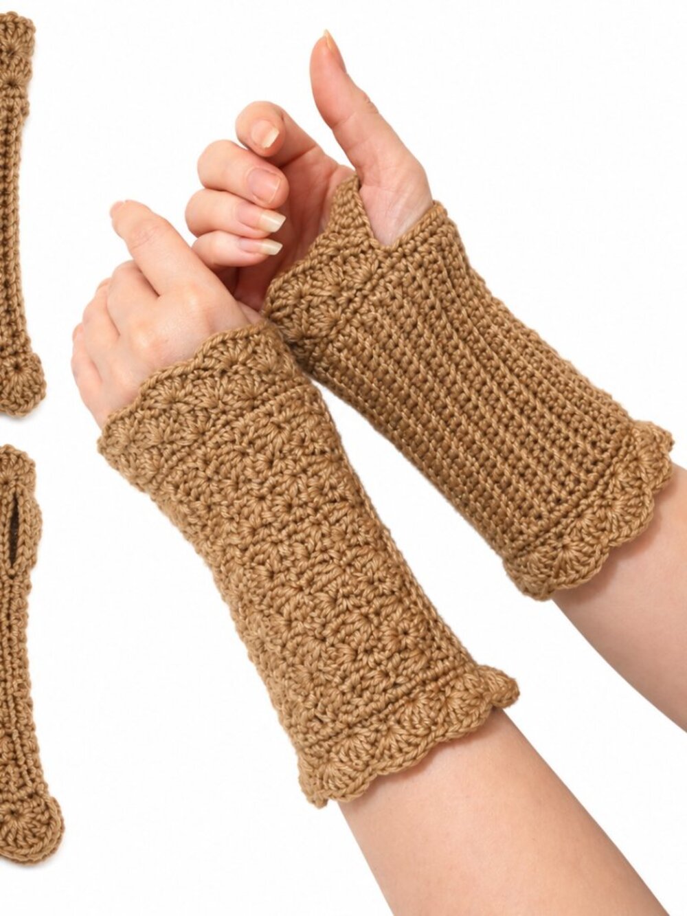 Handmade Crochet Fingerless Gloves Tan Brown Wrist Warmers Scalloped Trim